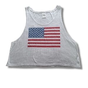 𝅺VS PINK Heathered Grey Love Pink American Flag Rhinestone Cropped Tanktop